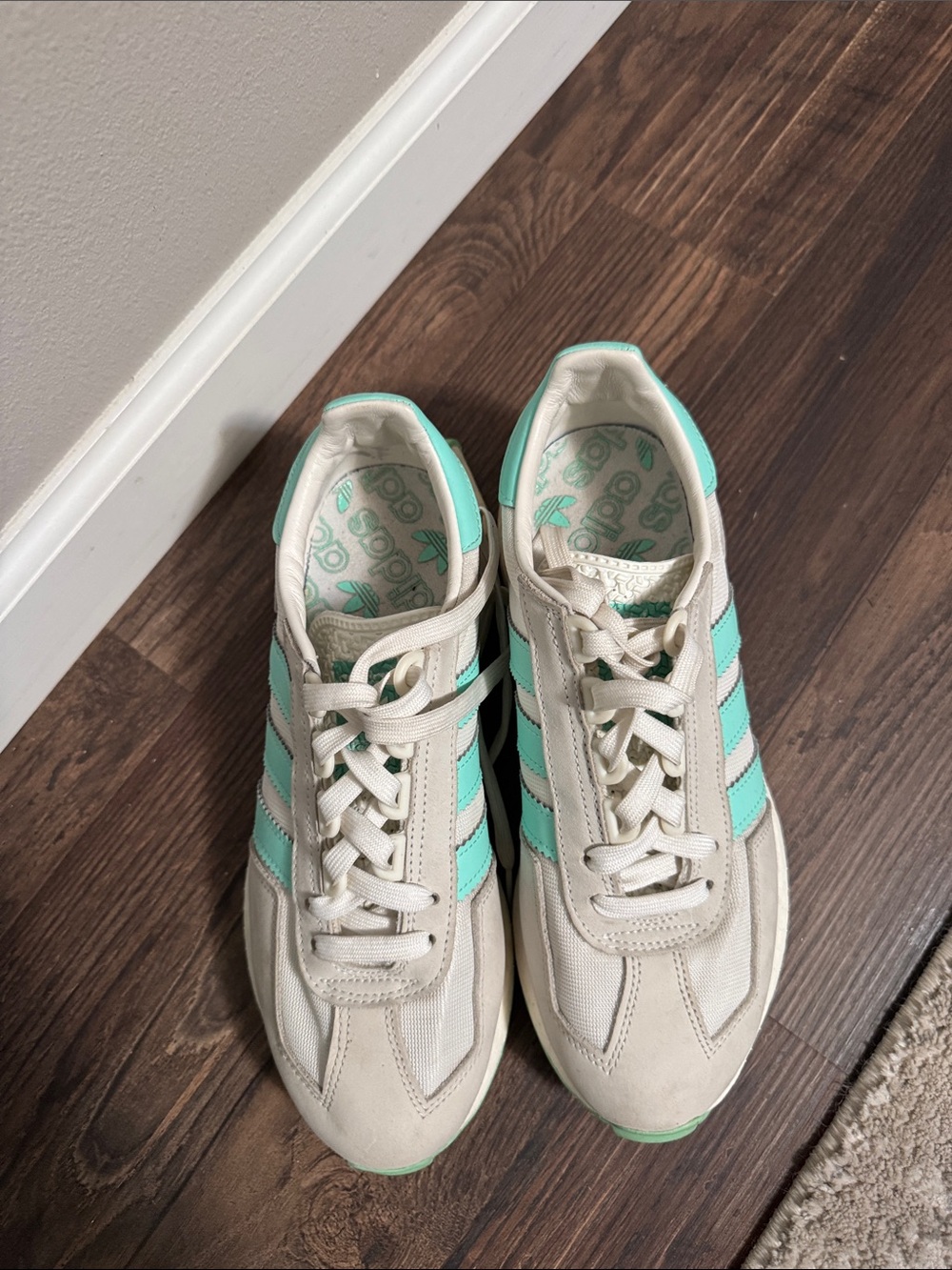 adidas Women’s White and Mint Sneakers with Teal Stripes